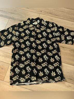 Vintage Linen Blend Tropical Hawaiian Mens Shirt Black Palm Leaves Luau Resort L